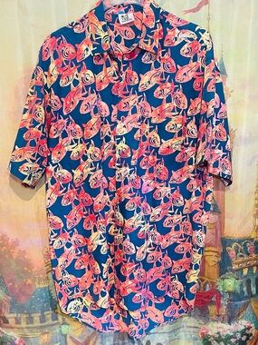 Rum Reggae Blue Red Hawaiian Shark Print Aloha Button Up